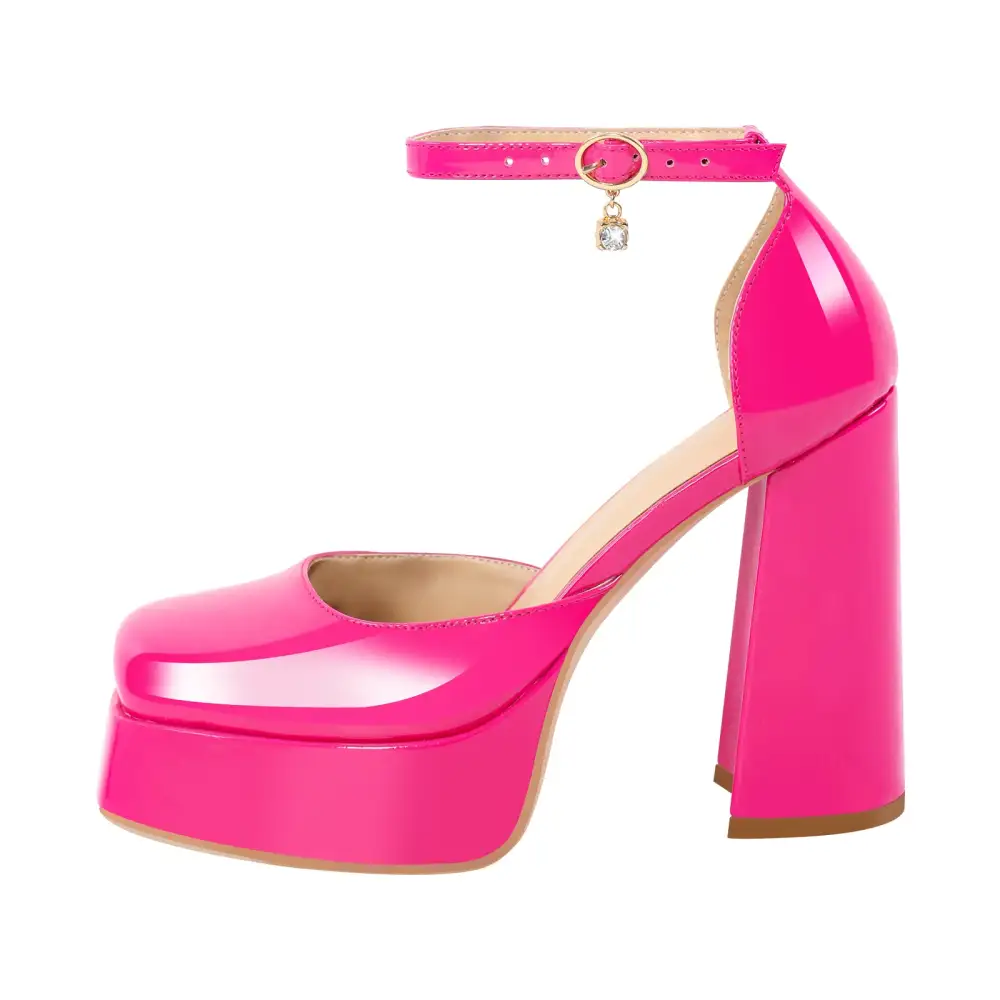 Modern Patent Finish Square Toe Low Platform Chunky Heel Pumps