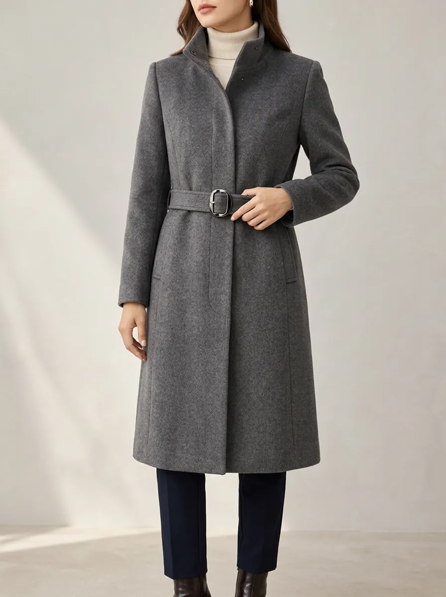 Women's Grey Belted Longline Wool Blend Coat