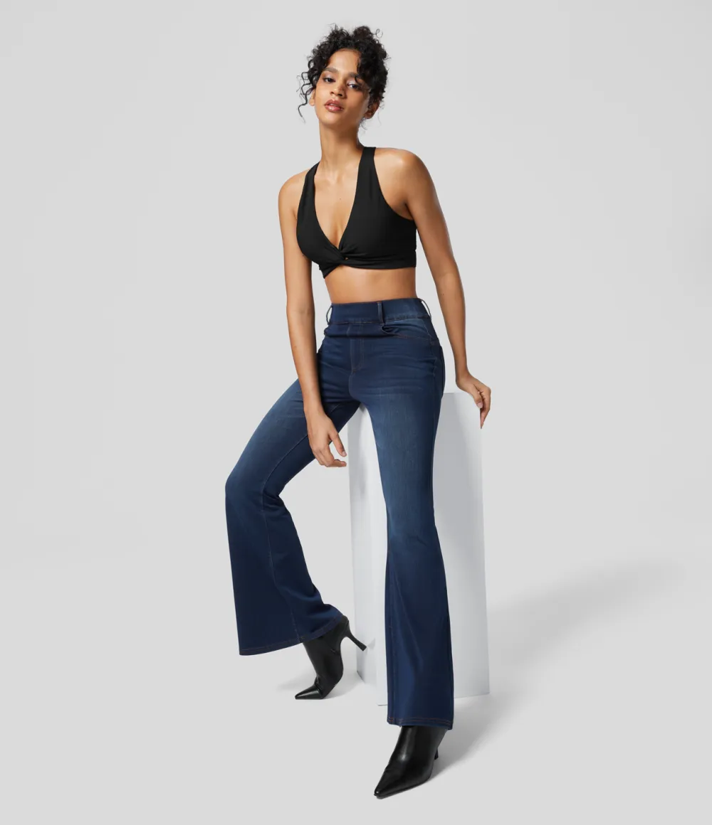 Magic High Waisted Multiple Pockets Stretchy Knit Denim Work Full Length Flare Leggings