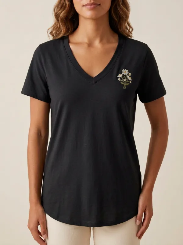 Women's Floral-Embroidered Curved-Hem V-Neck T-Shirt