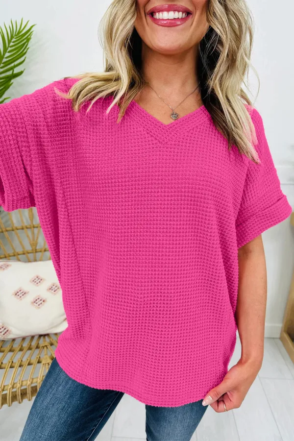Strawberry Pink Waffle V Neck Top