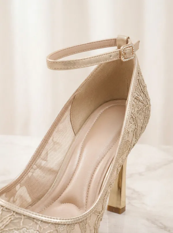 Lace-Detail Embroidered Buckle-Strap Ankle-Strap Women's Formal High Heels