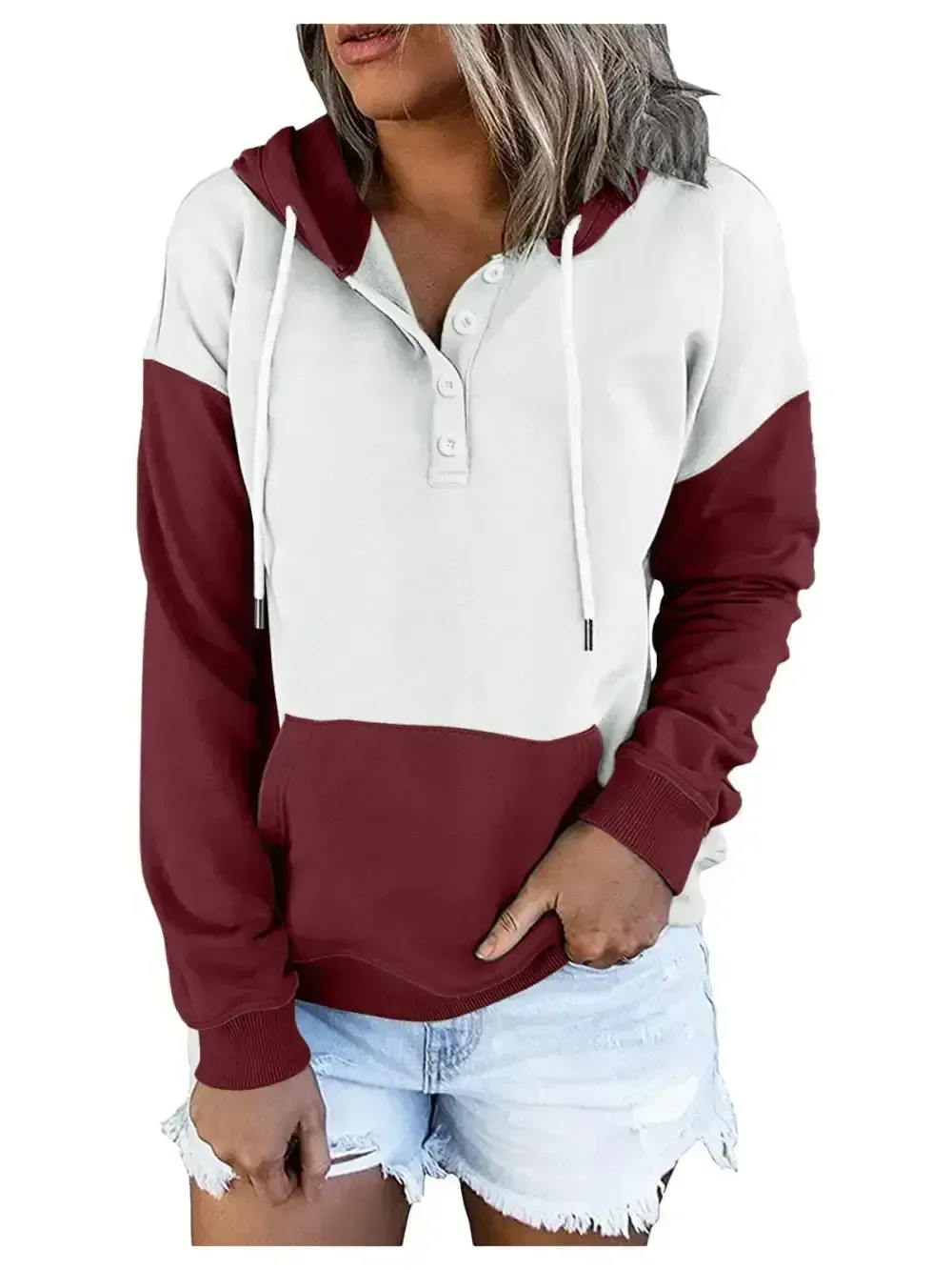 Women's Long sleeves V-neck Colorblock Stitching Hoodid Top