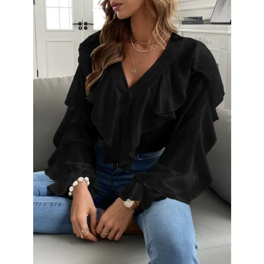 Full Size Ruffled V Neck Button Down Flounce Sleeve Blouse