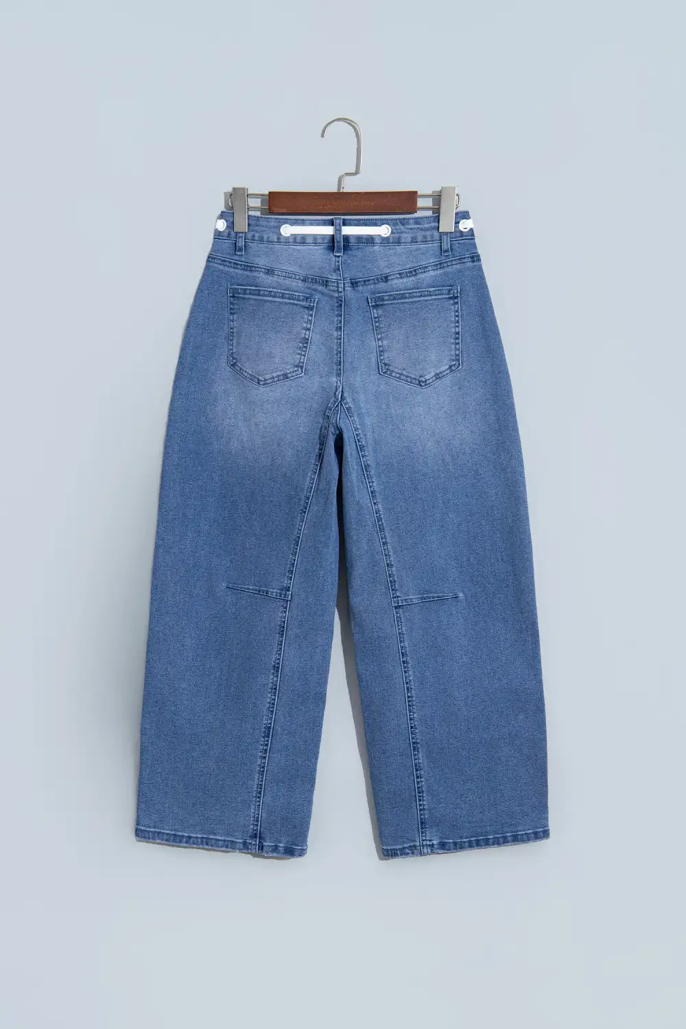 Women's Solid Patchwork Grommet Tie Waist Loose Ankle Length Jeans
