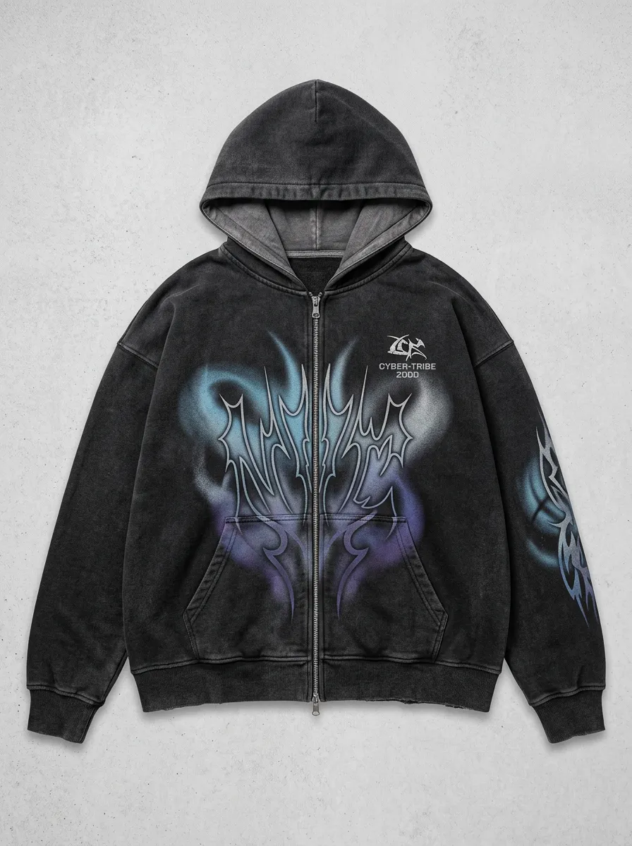 Unisex Streetwear Cyber-Tribe Tribal Graphic Printed Zip-up Hoodie