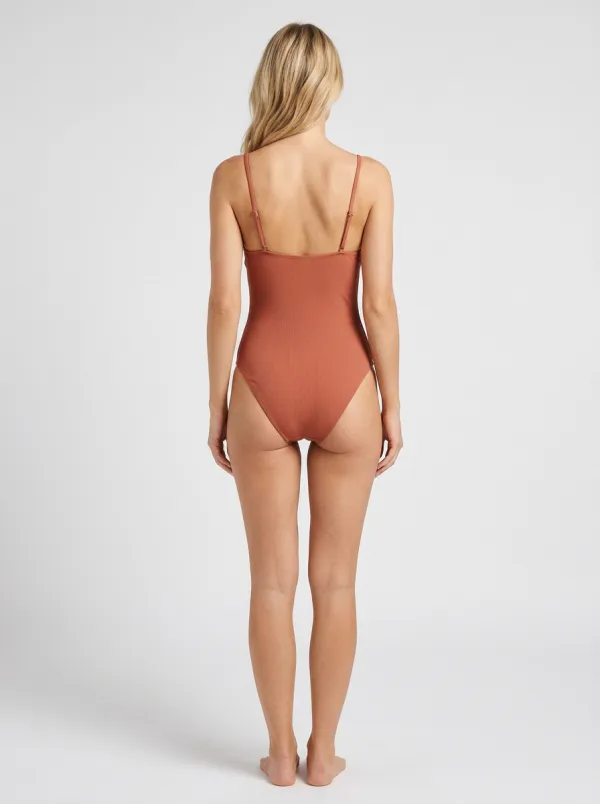 Women's Modern Spaghetti-Strap Tie-Front Ribbed One-Piece Swimsuit