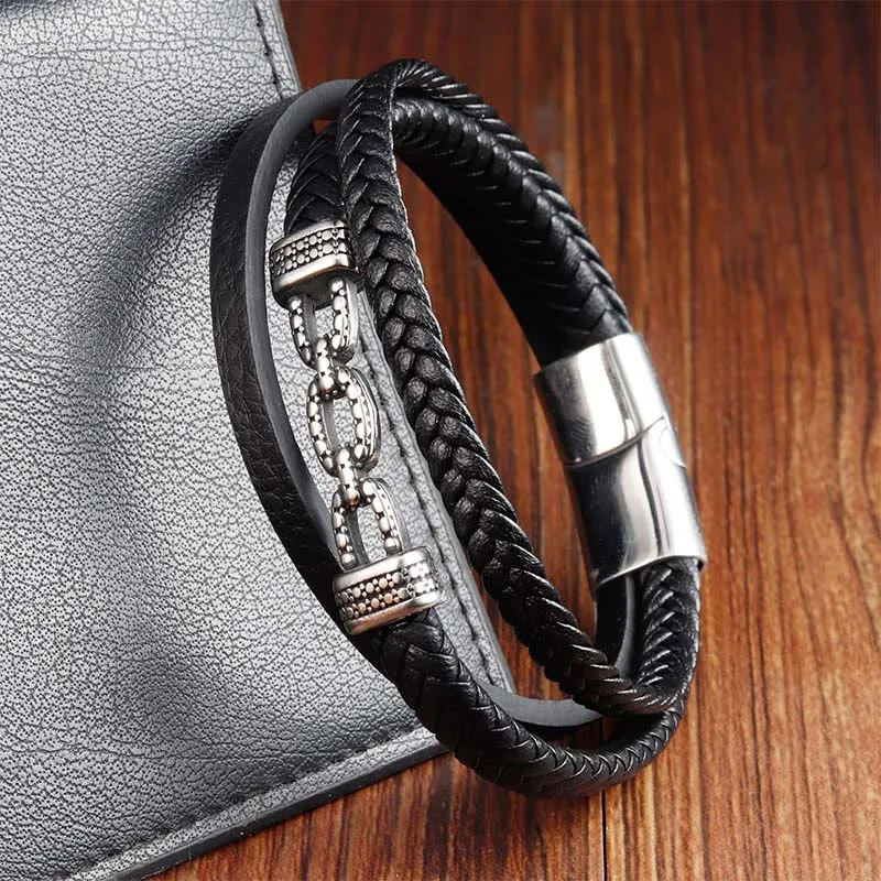 Handmade Chain Link Design Titanium Steel Leather Bracelet