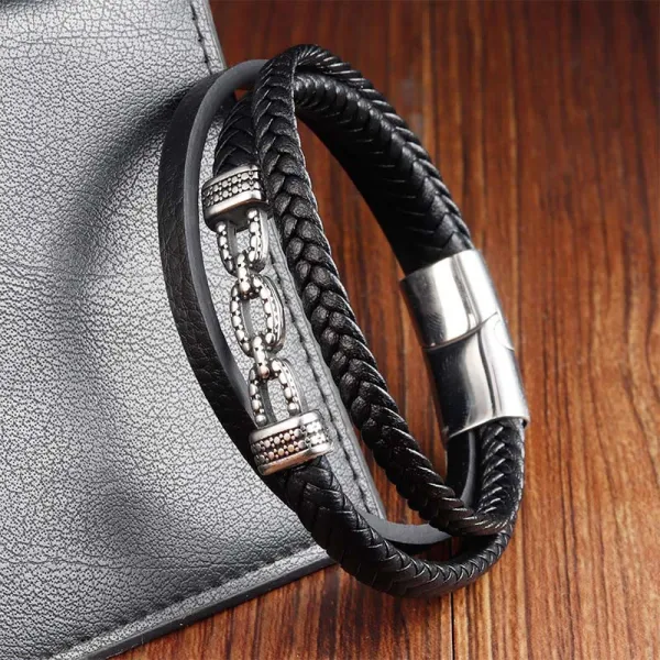 Handmade Chain Link Design Titanium Steel Leather Bracelet