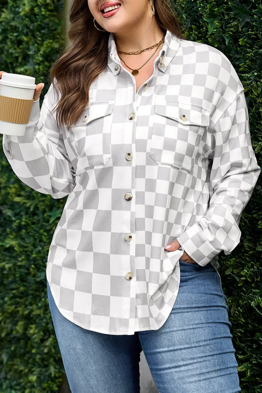 Khaki Plus Size Checkered Buttoned
