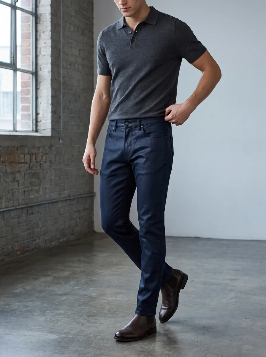 Men's Casual Fashion Dark Blue Coated Denim Jeans
