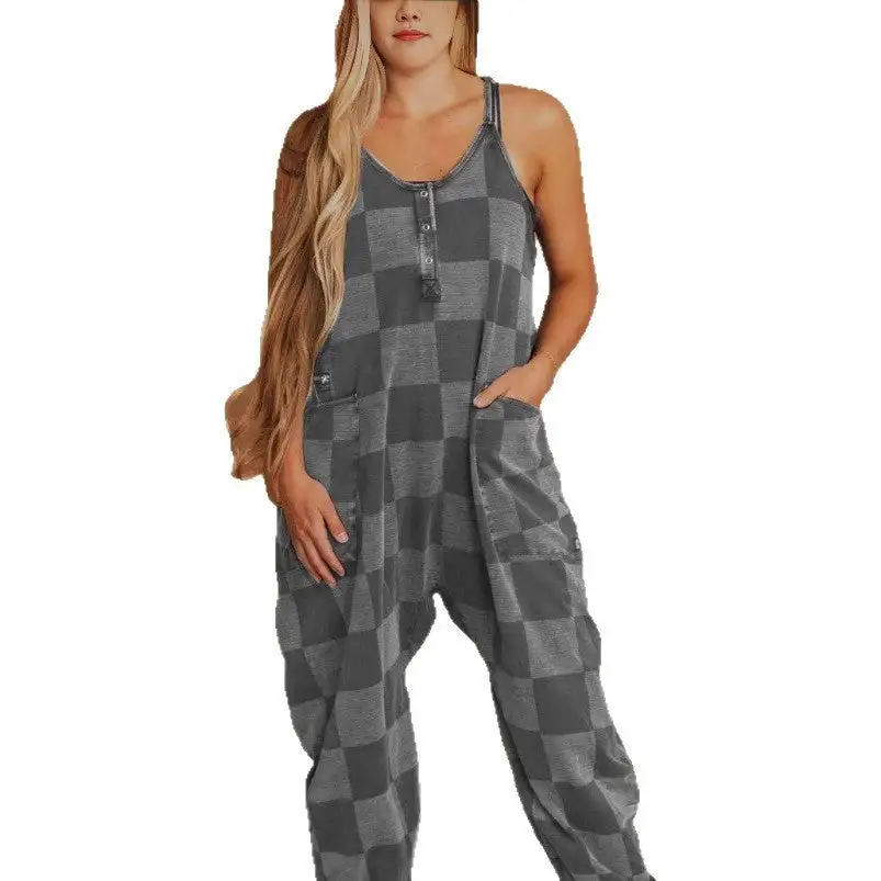 Graphic Plaid-Pattern Silhouette Jumpsuit
