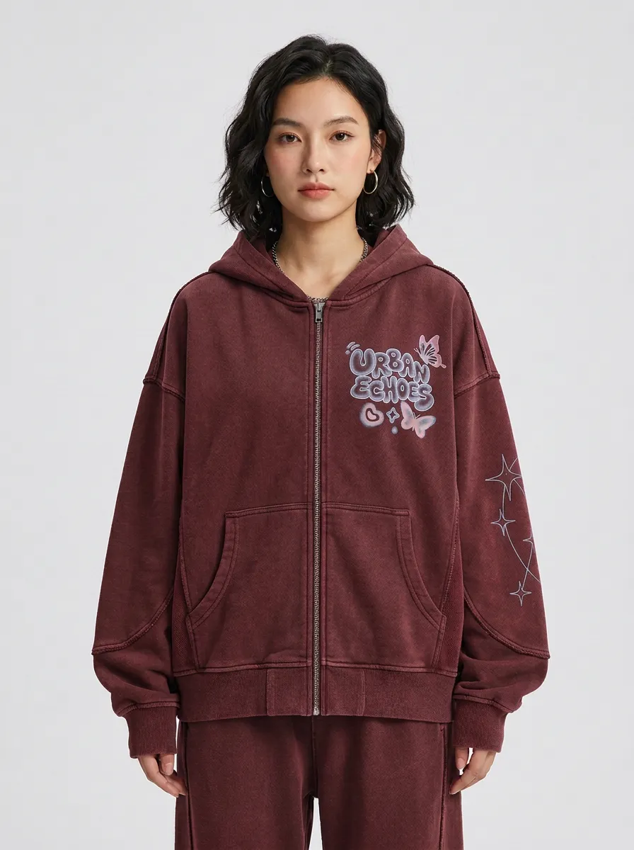 Women's Streetwear Urban Echoes Butterfly Star Printed Zip-up Hoodie