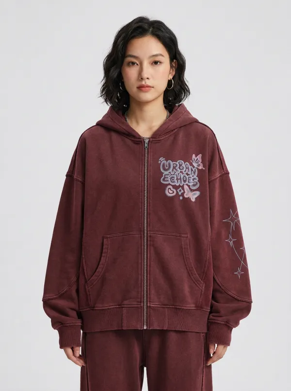 Women's Streetwear Urban Echoes Butterfly Star Printed Zip-up Hoodie
