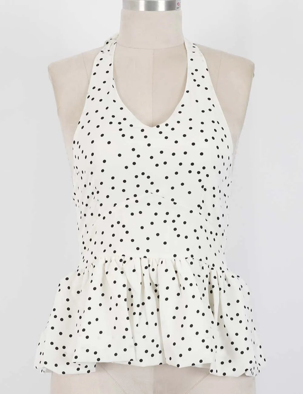 Polka Dot Halter Ruffle Hem V Neck Sleeveless Top