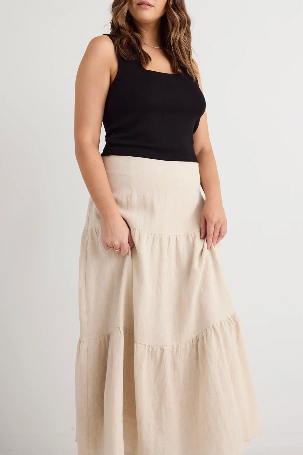 Sand Tiered Linen Midi Skirt