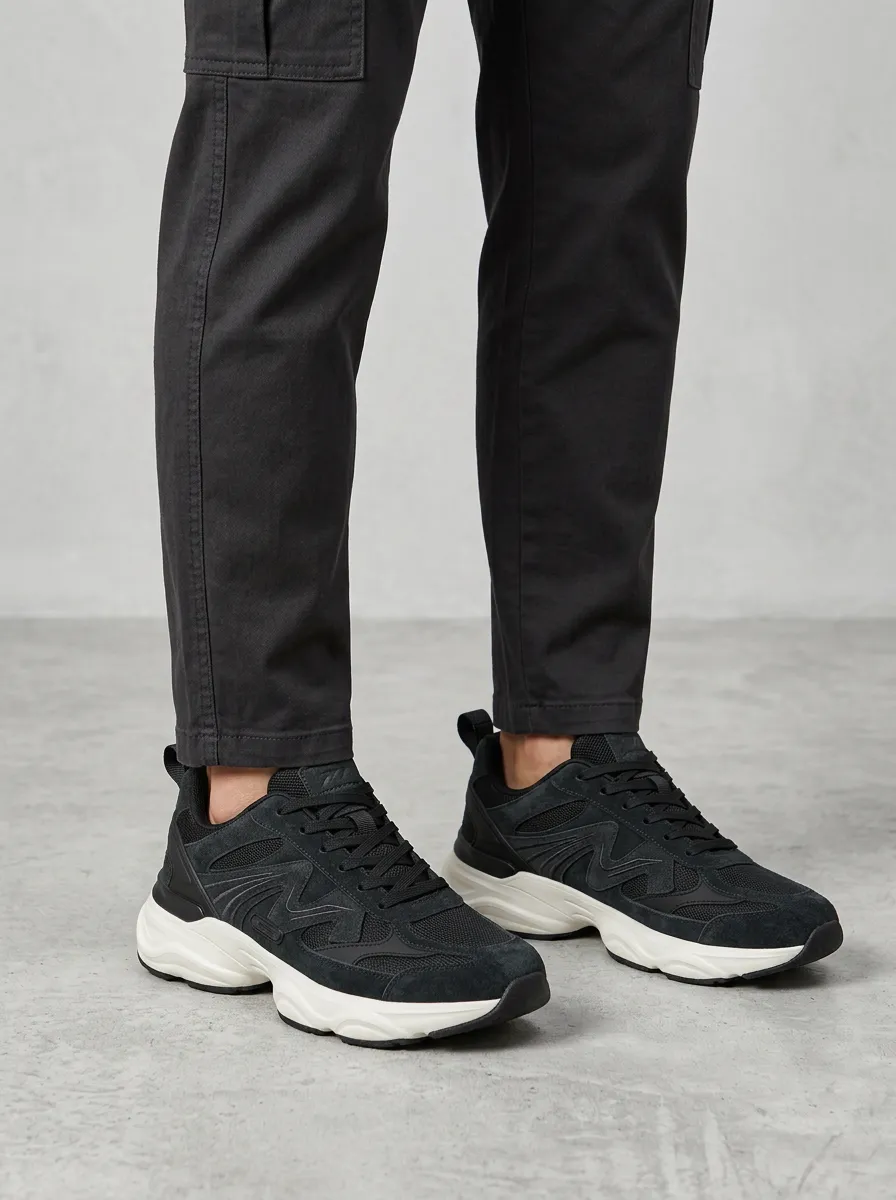 Men's Black Minimalist Black Suede Mesh Athletic Sneakers