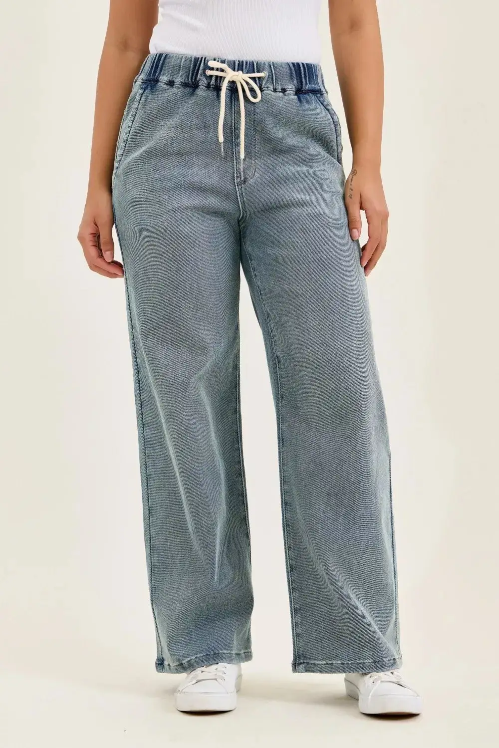 Denim Wide Leg Relaxed Fit Drawstring Jeans