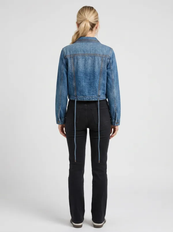 Women's Western Studded Distressed Denim Cropped Jacket