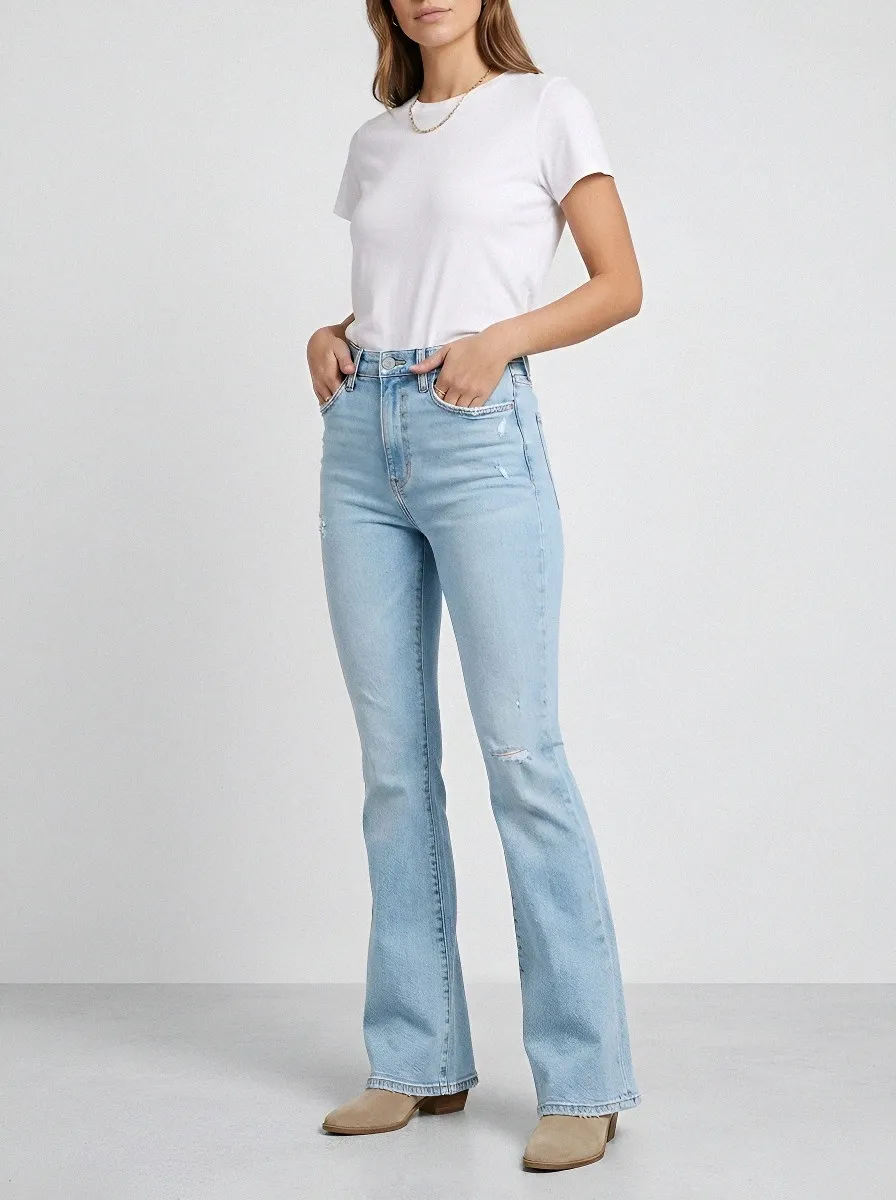 High-Waist Distressed Women's High-Waist Stretch Flare Jeans