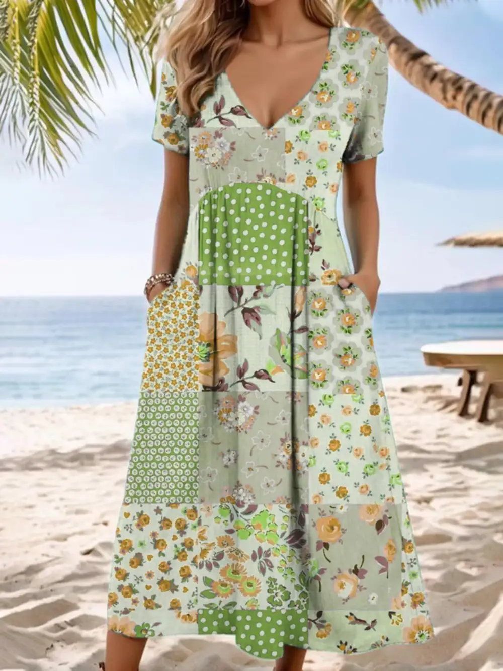 Floral V Neck Midi Dress