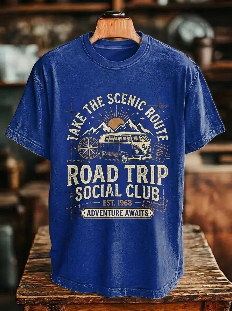 Unisex Road Trip Lover Vintage Van Mountain Printed T-shirt