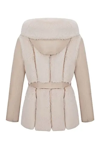 Women Faux Leather Jacket Short Belted Fall Winter Fashion Warm Casual Moto Biker Coat Shaggy Fur Hooded Outwear