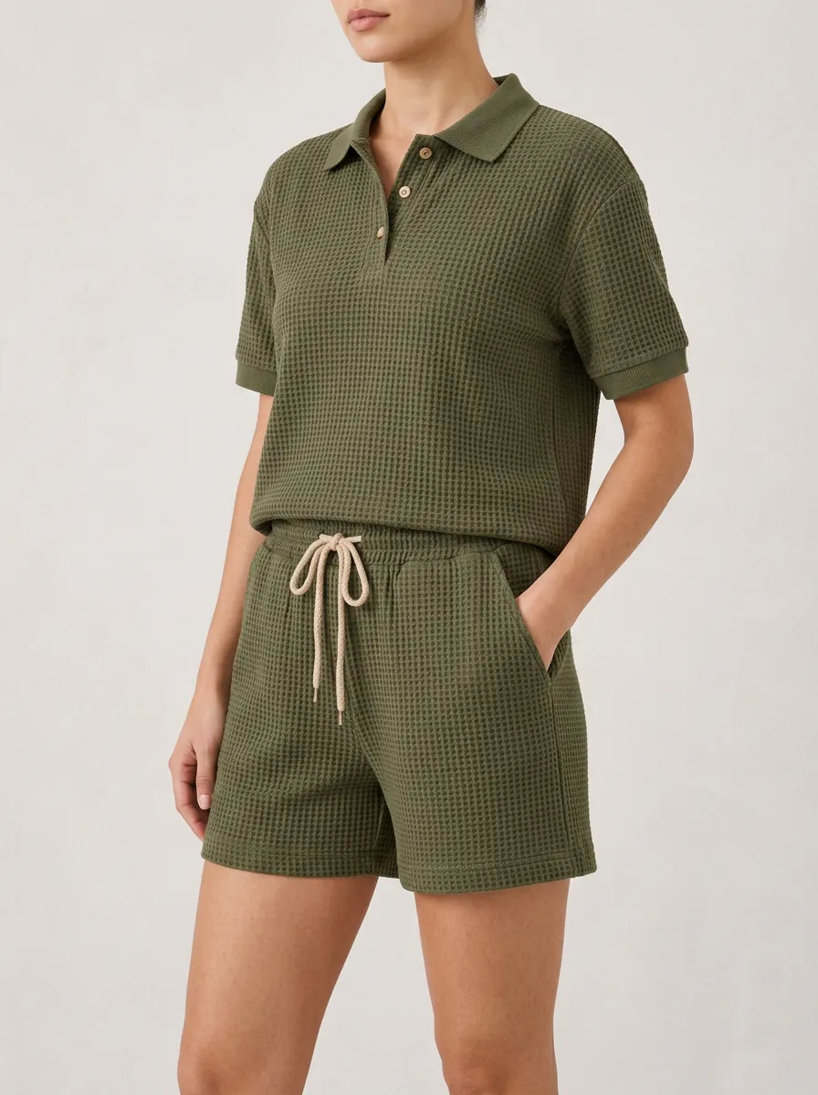 Unisex Modern Waffle Knit Button Polo Shirt