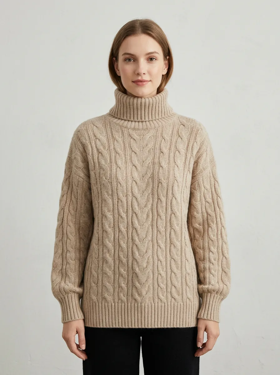 Women's Casual Winter Beige Cable Knit Turtleneck Sweater