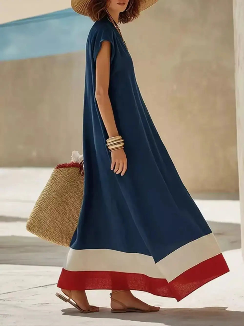 Color Block Hem V Neck Maxi Dress
