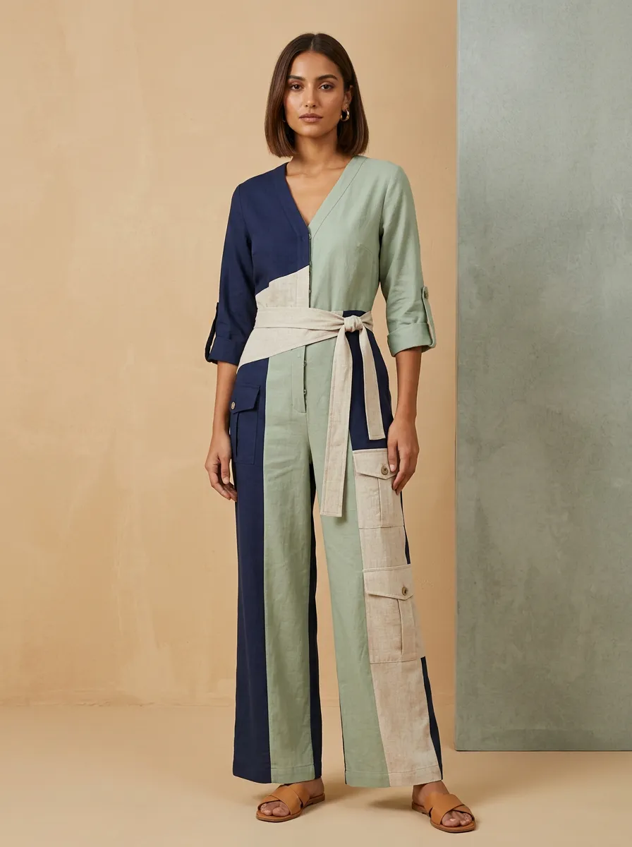 Women's Colorblock Cargo Pocket Belted Jumpsuit
