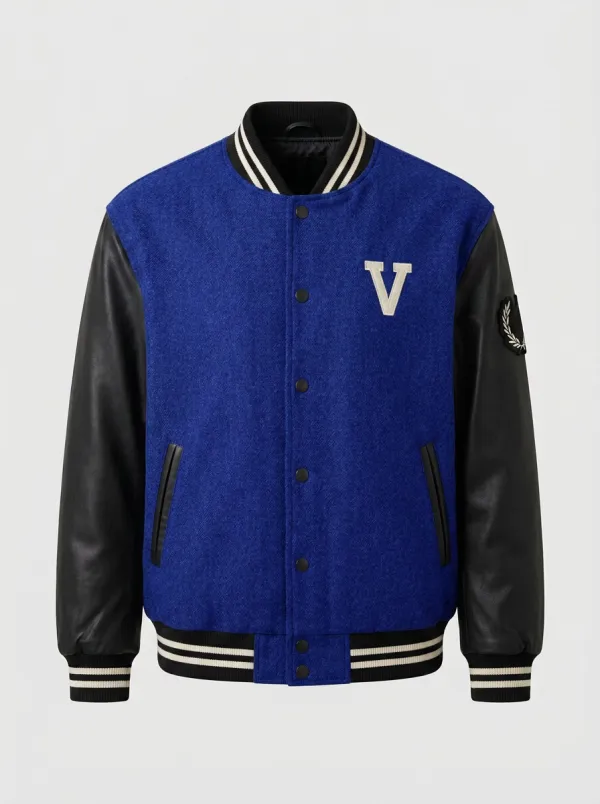 Men's Letter V Leather-Sleeve Wool Baseball Jacket
