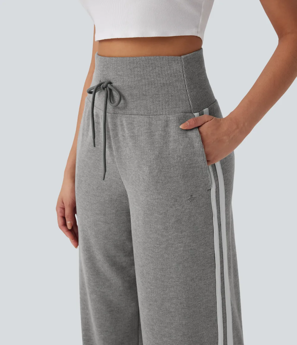 2026🔥  Ribbed SoCinched High Waisted Tummy Control Drawstring Wide Leg Color Block Casual Trousers with Pockets