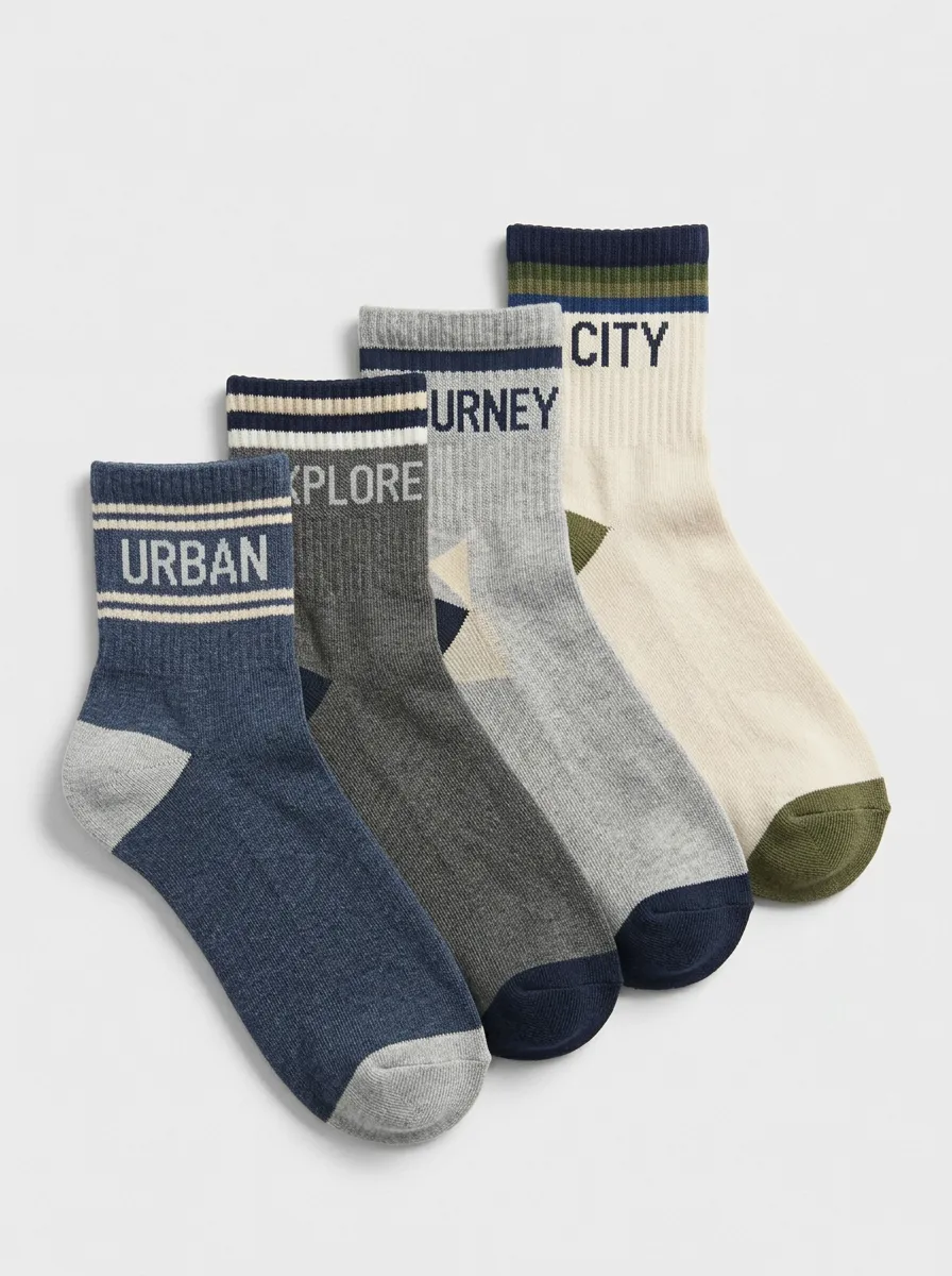 Men's Crew Socks Four-Pair Pack with Striped Ribbed Texture Crew Length Outdoor-Inspired