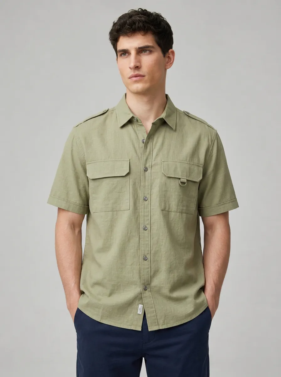 Men's Casual Outdoor Olive Green Cargo Pocket Short Sleeve Shirt
