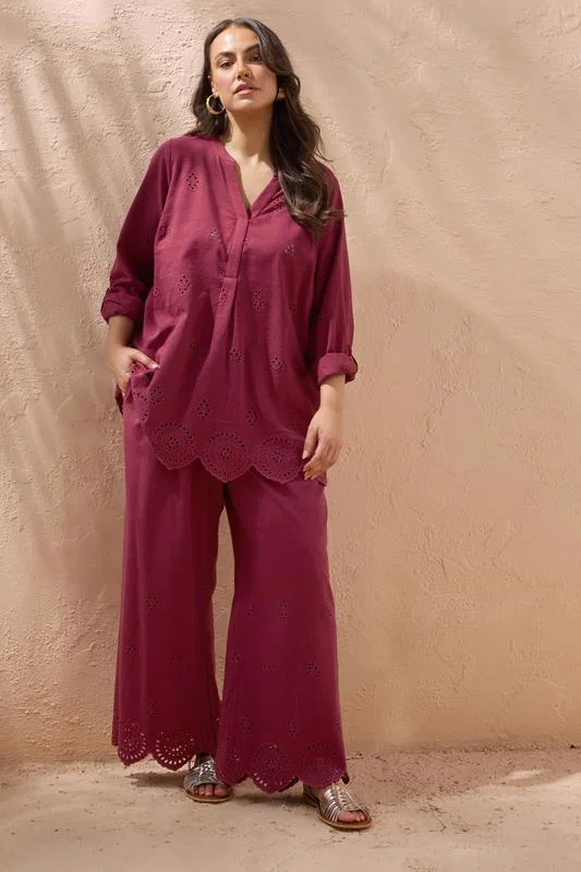 Burgundy Red Linen Broderie Blouse detail 2
