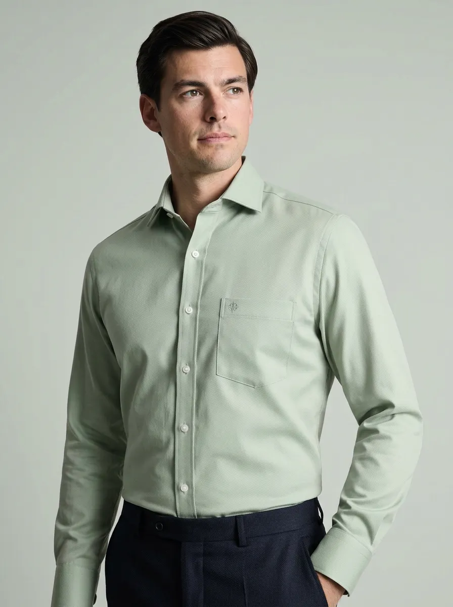 Men's Non-Iron Cotton Sage Green Embroidered Pocket Shirt