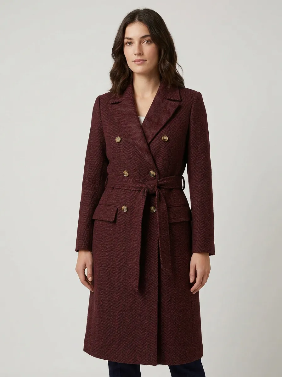 Women's Classic Winter Herringbone Patterned Belted Overcoat