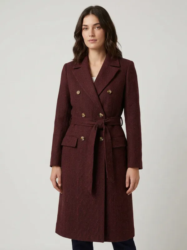 Women's Classic Winter Herringbone Patterned Belted Overcoat