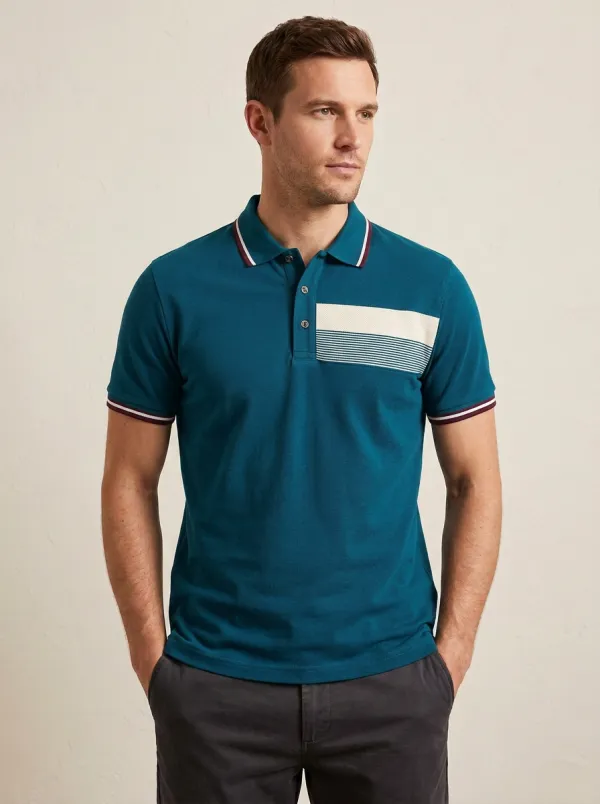Men's Smart-Casual Navy Striped Chest Panel Printed Polo Shirt
