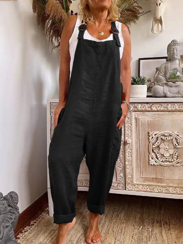 Wide Leg Adjustable Buckle Cotton Linen Jumpsuit