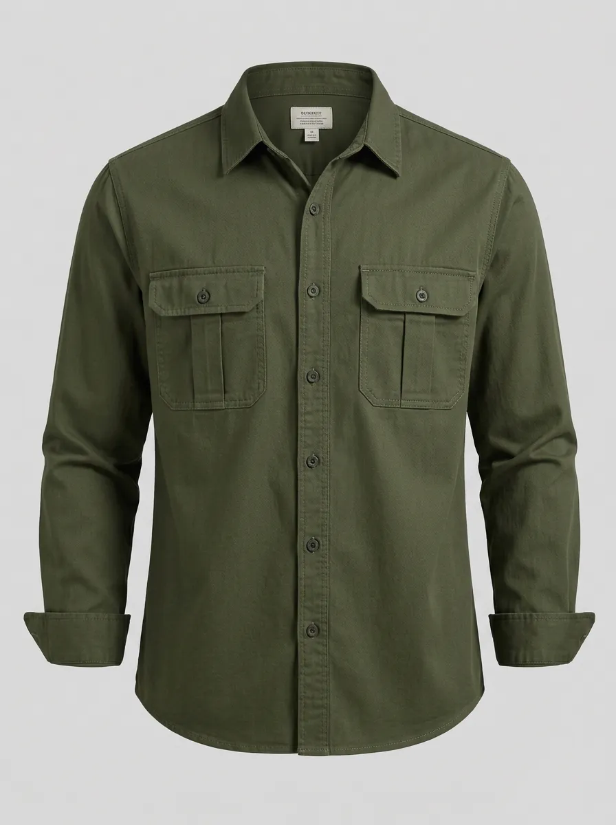 Men's Olive Green Utility Button-Down Shirt - Design K
