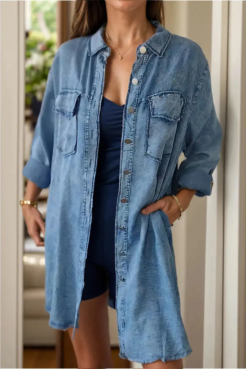 Relaxed Denim Button Front Pocketed Casual Jacket