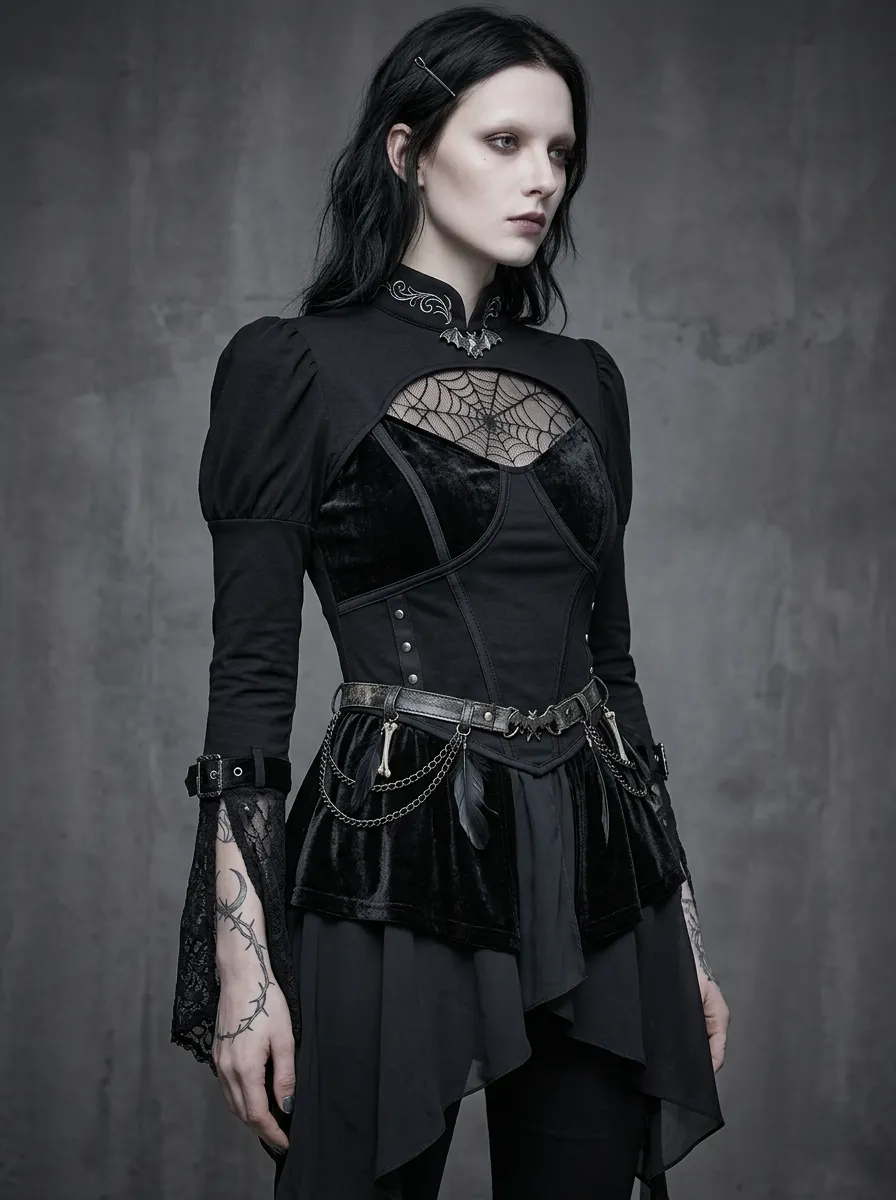 Women's Gothic Spiderweb Bat Lace Printed Top
