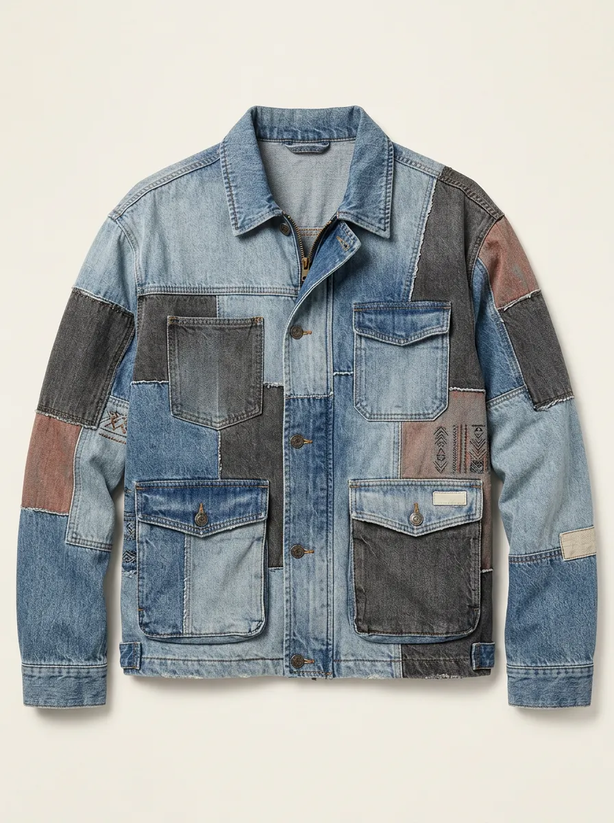 Men's Multi-Tone Patchwork Denim Jacket Zip-Front