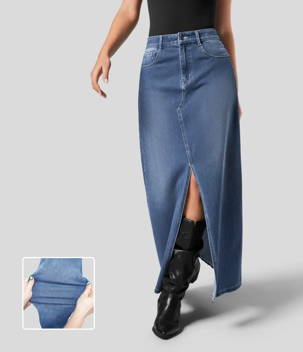 Magic Mid Rise Button Zipper Multiple Pockets Split A Line Stretchy Knit Denim Maxi Casual Skirt