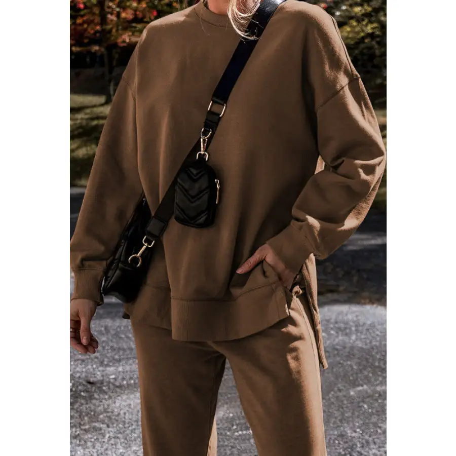 Side Slit Round Neck Long Sleeve Top and Pants Set
