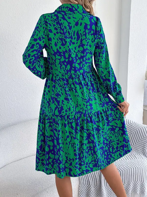 Printed Long Sleeve Collared Dress Casual