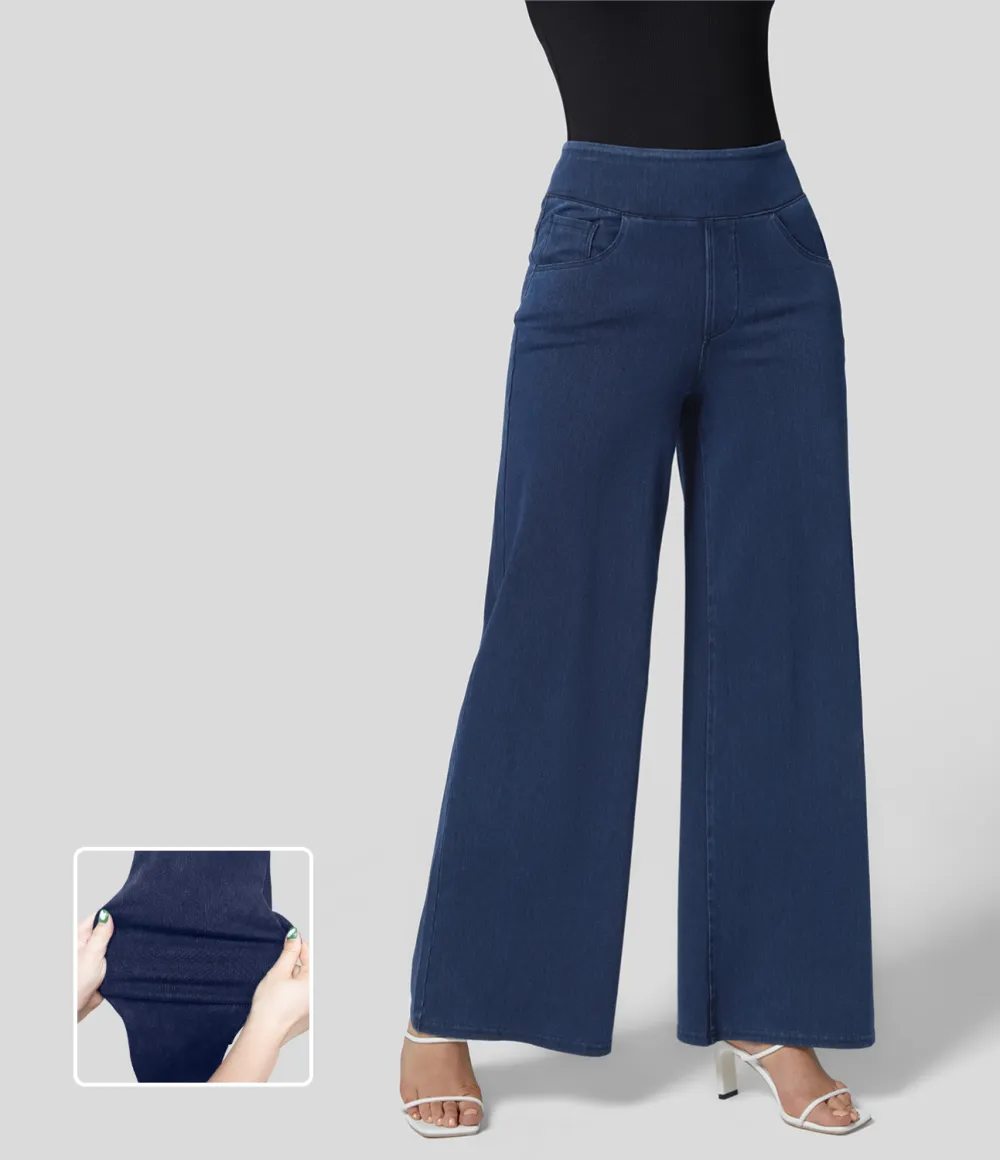 Magic High Waisted Multiple Pockets Wide Leg Loose Stretchy Knit Work Jeans