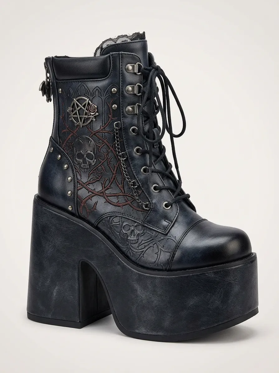 Mystic Pentagram Skull Thorn Dark Look Women's Gothic Platform Boots